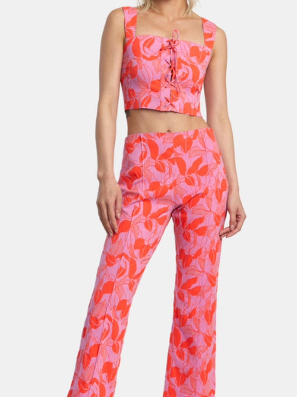 Pink & Coral Floral Crop Top and Flare Pants Set